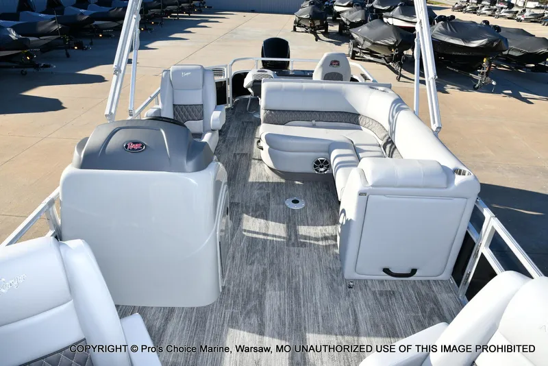 Slide: The Image of 2024 Ranger 220F pontoon boat interior with seating and console, featuring 150HP Mercury 4 Stroke. - 5