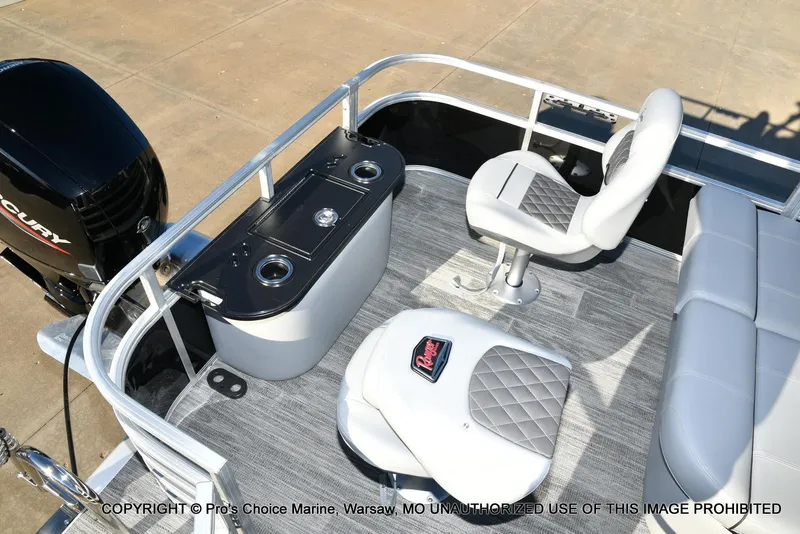 Slide: The Image of 2024 Ranger 220F boat interior with Mercury 150HP engine, featuring seating and console. - 50