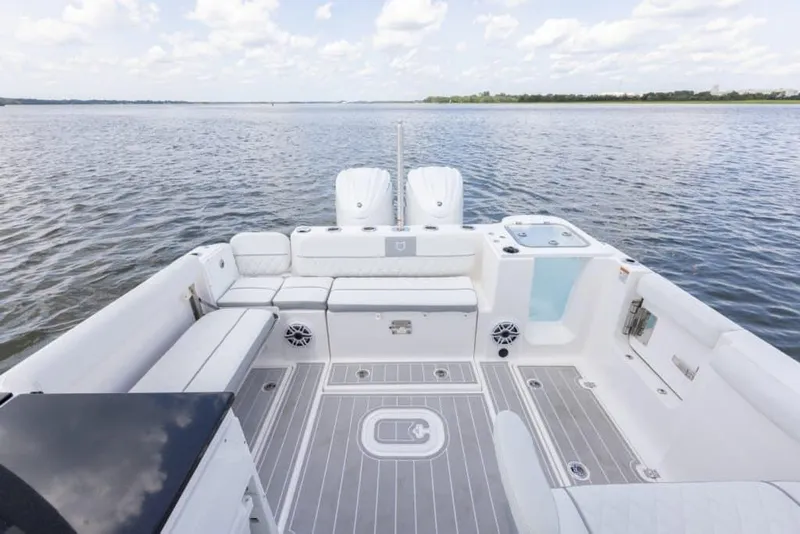 Slide: The Image of 2025 Sea Fox 288 Traveler boat seat with diamond-pattern upholstery. - 12