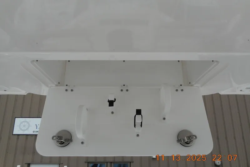 Slide: The Image of 2025 Sea Fox 288 Traveler boat underside view with mounting hardware. - 24