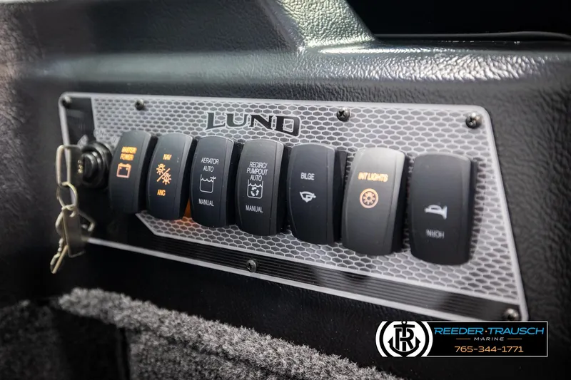 Slide: The Image of Control panel of 2025 Lund 1775 Impact XS boat with labeled switches. - 29