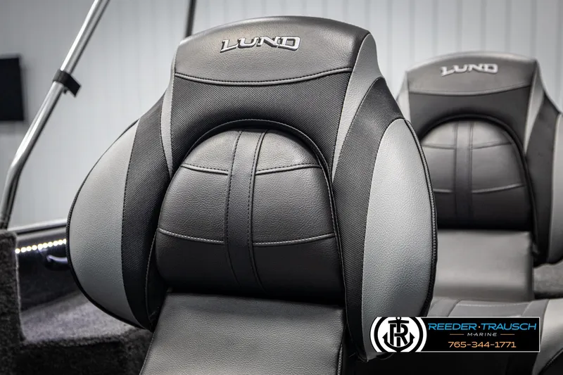 Slide: The Image of 2025 Lund 1775 Impact XS boat seats, black and gray design, close-up view. - 30