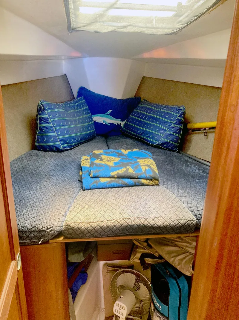 Slide: The Image of Cozy cabin interior of 1983 Hunter 34 sailboat with nautical-themed bedding. - 13