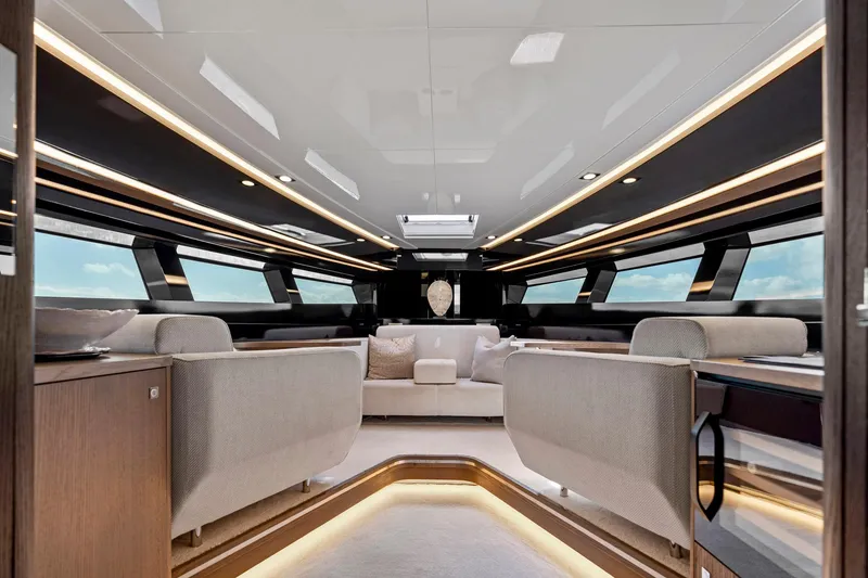Slide: The Image of Luxurious interior of 2021 Sichterman Libertas 54 yacht with modern seating and ambient lighting. - 13