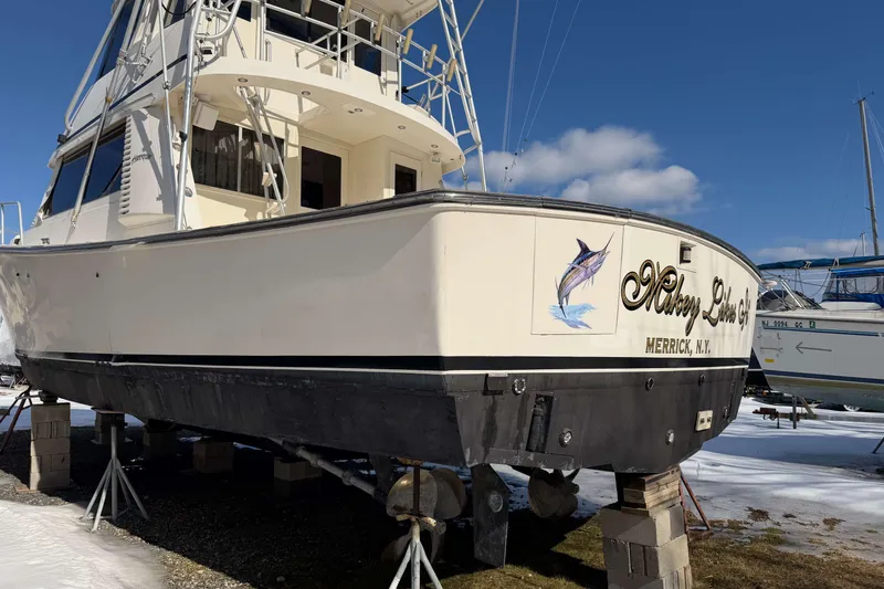 Slide: The Image of 1992 Henriques 50 Sportfisherman boat on blocks, Merrick, NY, winter storage. - 49
