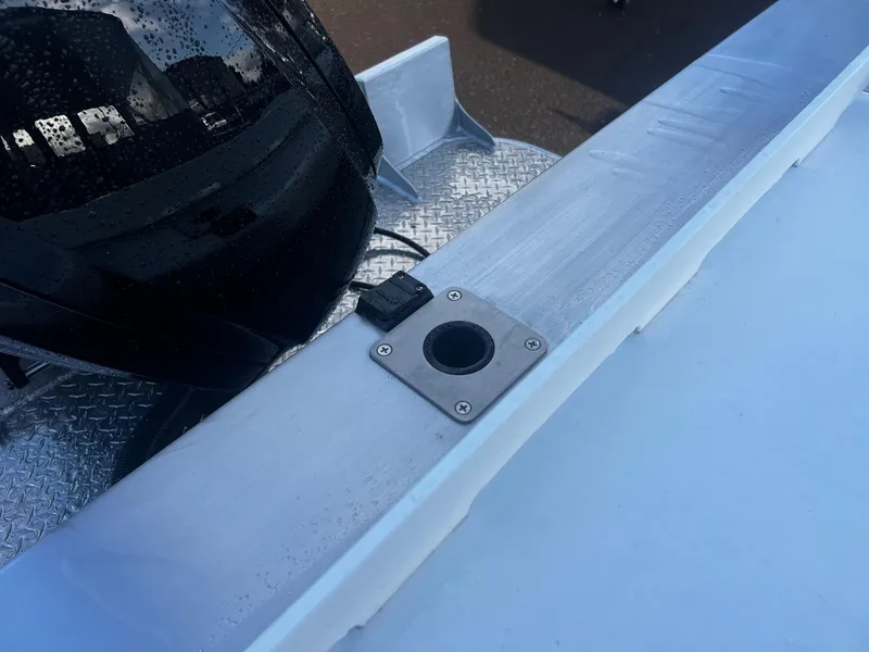 Slide: The Image of 2025 Thunder Jet 185 Luxor boat detail with motor and metal fittings. - 7