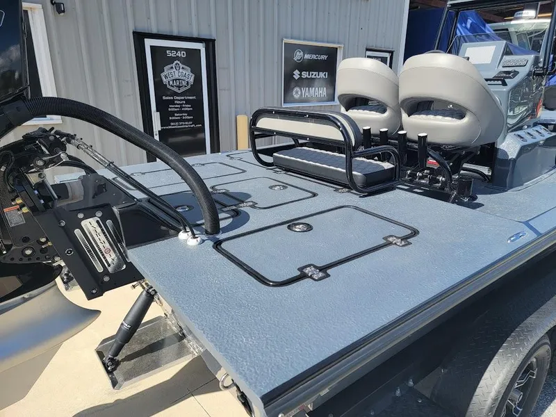 Slide: The Image of 2025 SCB S22 boat deck with seating and equipment, displayed outdoors. - 14