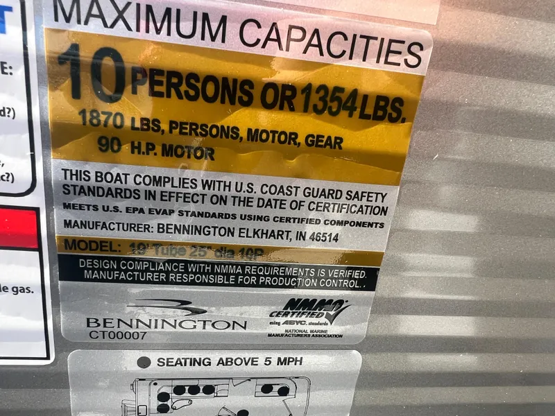 Slide: The Image of Capacity label for 2025 Bennington 20 SL boat, 10 persons or 1354 lbs, 90 HP motor. - 22