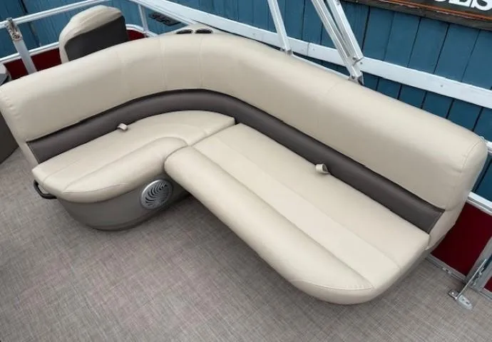 Slide: The Image of 2022 Sun Tracker Bass Buggy 18 DLX pontoon boat seating, beige and brown upholstery. - 21