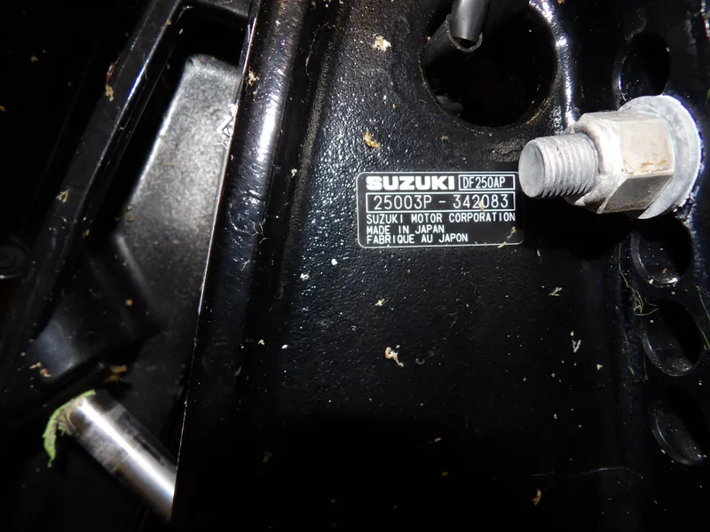 Slide: The Image of Close-up of Suzuki motor label on 2005 SAFE Boats Defender 25. - 92