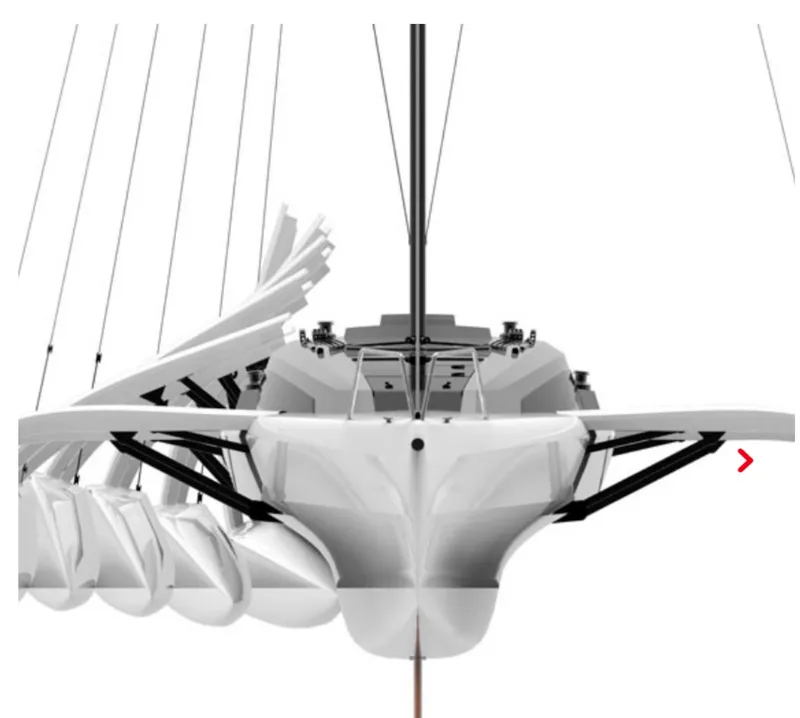 Slide: The Image of Front view of a futuristic Corsair 760 trimaran sailboat, model year 2025. - 3
