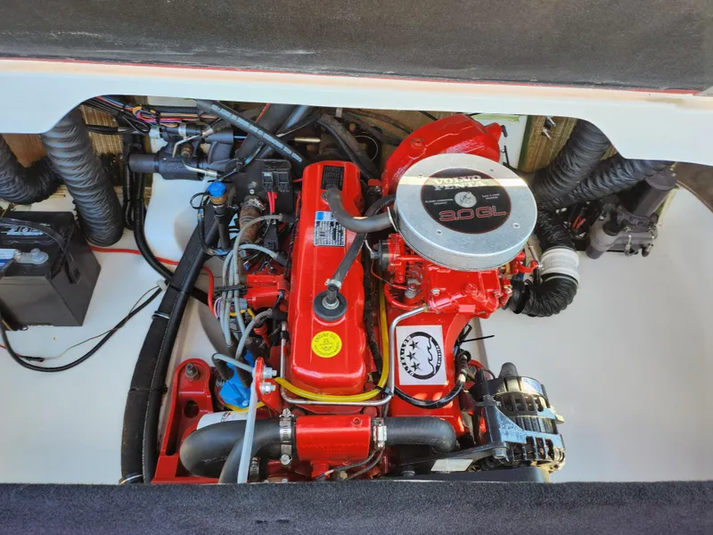 Slide: The Image of 2003 Larson SEi 180 boat engine, red and black components, detailed view. - 20