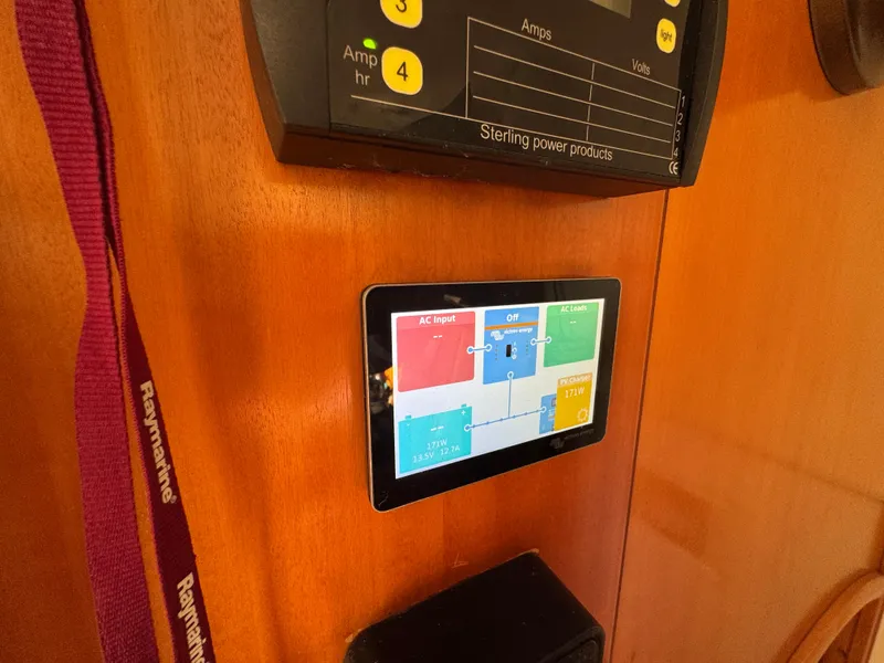 Slide: The Image of Control panel on a 2001 Lagoon 410 catamaran with digital display and power settings. - 38