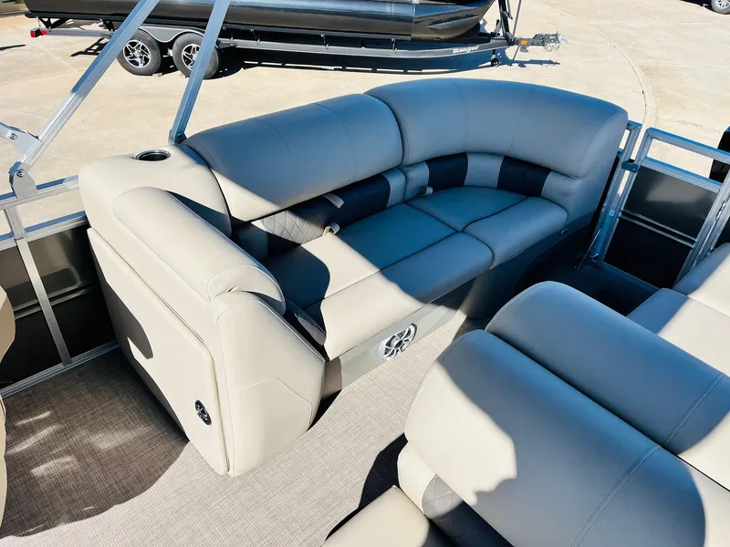 Slide: The Image of 2025 Sun Tracker Party Barge 22 RF XP3 interior with plush seating and modern design. - 36