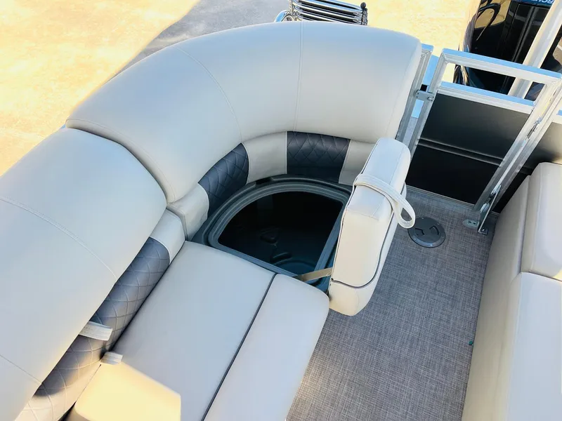 Slide: The Image of 2025 Sun Tracker Party Barge 22 RF XP3 interior seating with storage compartment. - 41