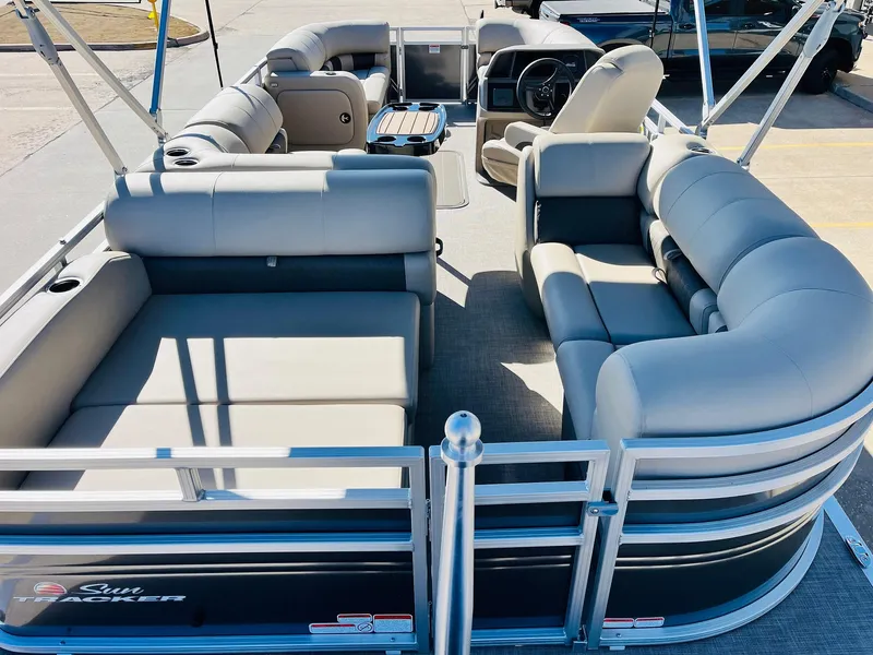 Slide: The Image of 2025 Sun Tracker Party Barge 22 RF XP3 pontoon boat with spacious seating and modern design. - 9