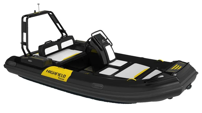 The Image of 2025 Highfield Velox 420 inflatable boat, black and yellow design, side view. - 0