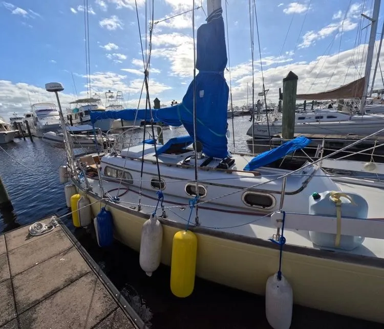 Slide: The Image of 1972 Cheoy Lee Luders 36 sailboat docked at marina under blue sky. - 3