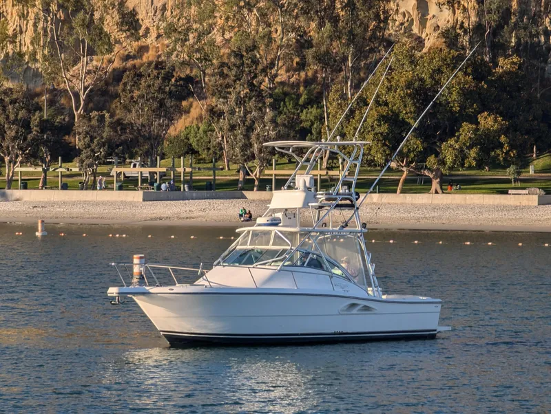 Slide: The Image of 2006 Rampage 30 Offshore boat on calm water near a scenic shoreline. - 2