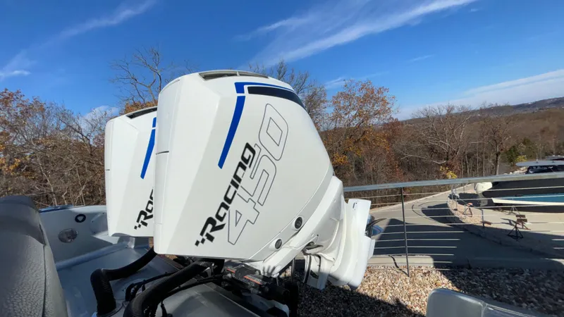 Slide: The Image of Fountain 34 SC 2021 boat with Racing 450 outboard engines, scenic background. - 16