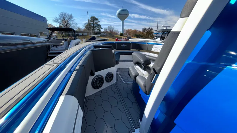 Slide: The Image of 2021 Fountain 34 SC boat interior with modern seating and sleek design. - 20
