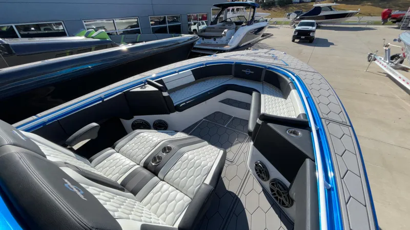 Slide: The Image of 2021 Fountain 34 SC boat interior with luxurious seating and modern design. - 7