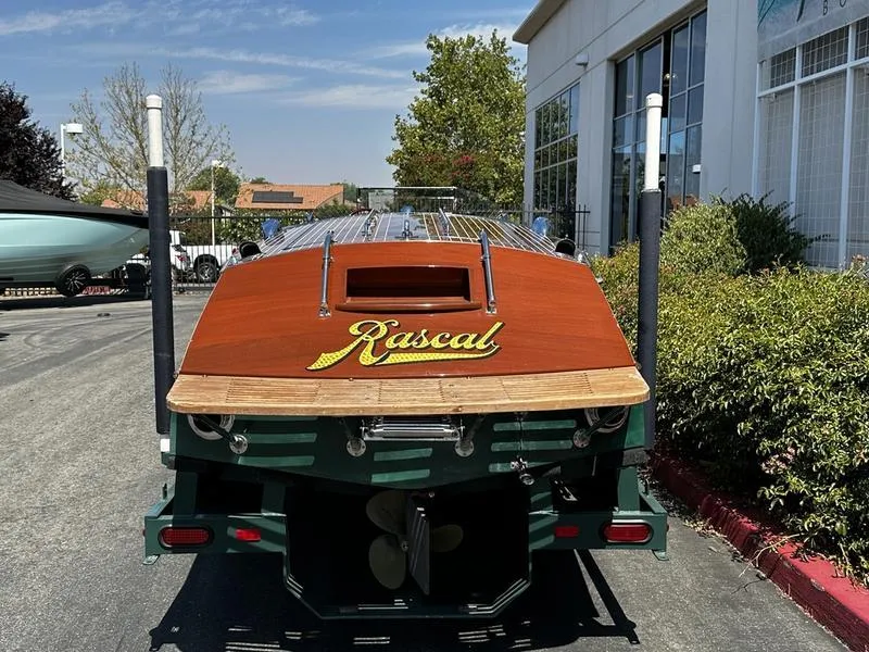 Slide: The Image of 1994 Hacker-Craft 26' Runabout "Rascal" on trailer, rear view. - 4