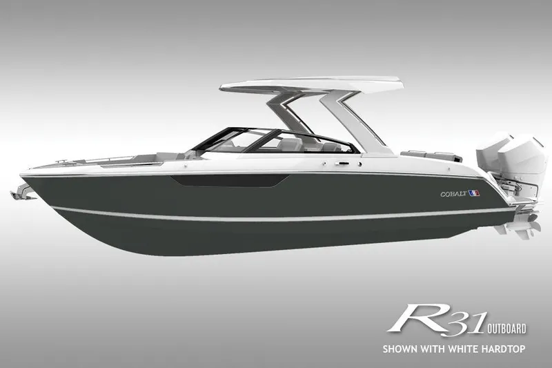 Slide: The Image of Cobalt R31 2026 motorboat with white hardtop, side view. - 0