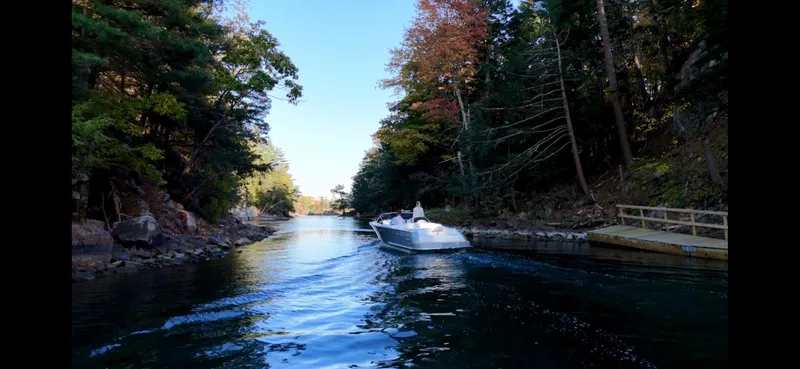 Slide: The Image of 2024 Comitti Venezia V28 cruising through a scenic, tree-lined waterway. - 31