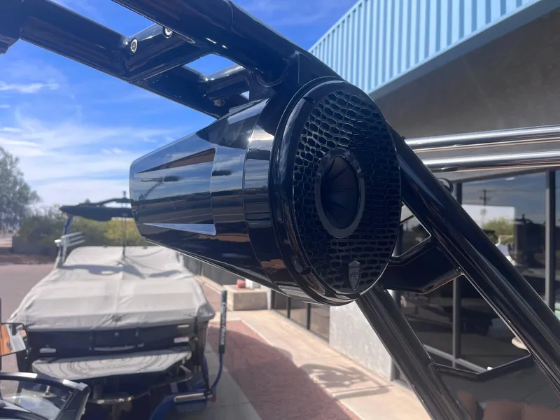 Slide: The Image of 2025 Supreme S240 boat speaker, sleek black design, mounted on frame. - 9