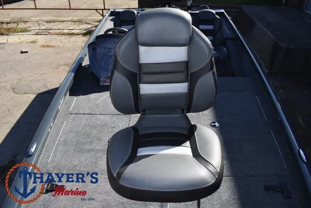 Slide: The Image of 2025 Ranger RT198P boat seat with Thayer's Marine logo, featuring sleek black and gray design. - 12