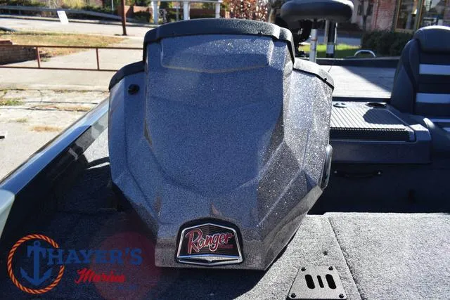Slide: The Image of 2025 Ranger RT198P boat interior with logo, displayed at Thayer's Marine. - 24