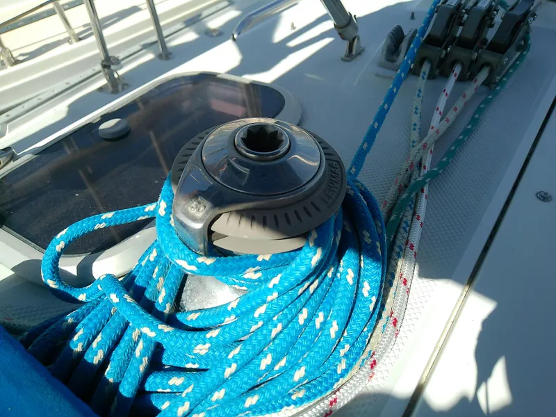 Slide: The Image of Close-up of Catalina 36 MkII sailboat winch with blue ropes, 1995 model. - 26