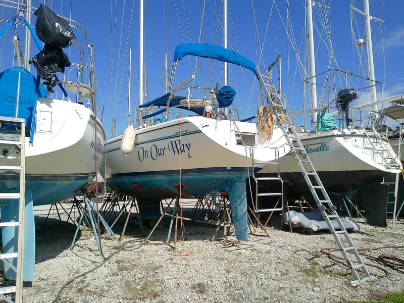 Slide: The Image of Catalina 36 MkII sailboats on dry dock, 1995 model, with ladders and blue covers. - 4