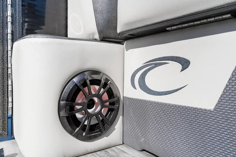 Slide: The Image of 2021 Crest Classic DLX 220 SLRC boat interior with speaker and logo detail. - 13