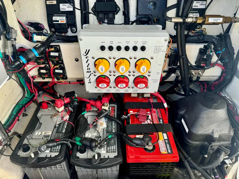 Slide: The Image of Electrical system of a 2020 Yellowfin 26 Hybrid boat with batteries and wiring. - 16