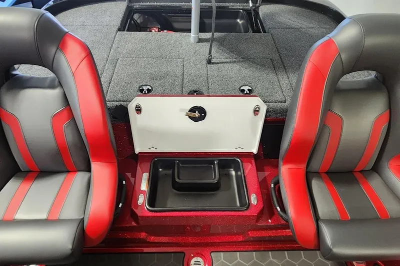 Slide: The Image of 2025 Nitro Z19 boat interior with red and gray seats, storage compartments. - 10
