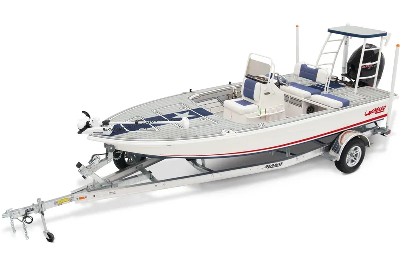 Slide: The Image of Mako 18 Pro Skiff Patriot Edition 2025 with star design on deck. - 2