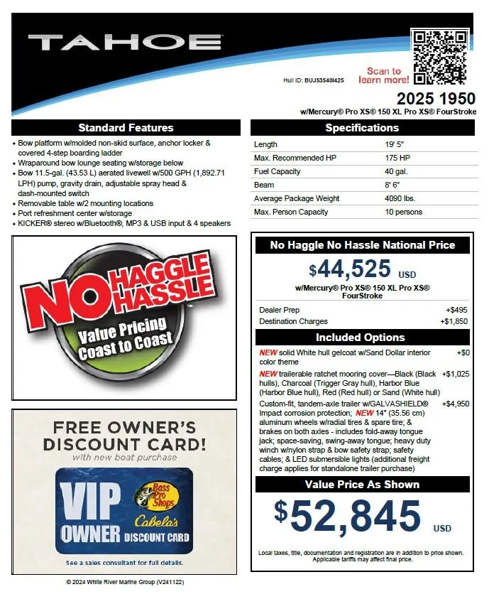 Slide: The Image of 2025 Tahoe 1950 boat features and pricing details with no-haggle offer. - 6