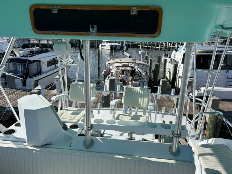 Slide: The Image of View from 1989 Post 43 boat cockpit overlooking marina with docked boats. - 8