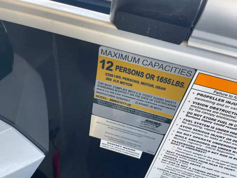 Slide: The Image of 2025 Godfrey Sweetwater 2086 C capacity label, maximum 12 persons or 1655 lbs. - 22