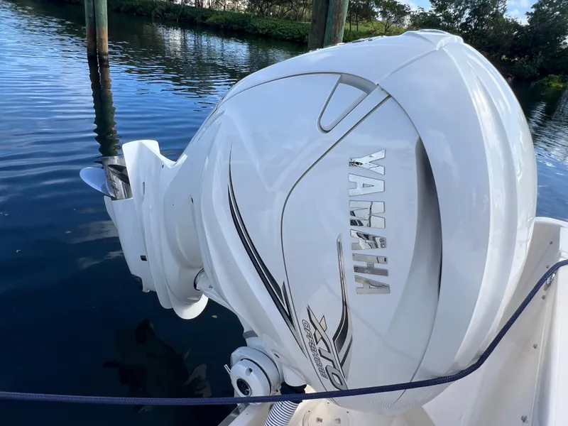 Slide: The Image of Yamaha XTO outboard motor on 2023 Grady-White 336 Canyon boat. - 105
