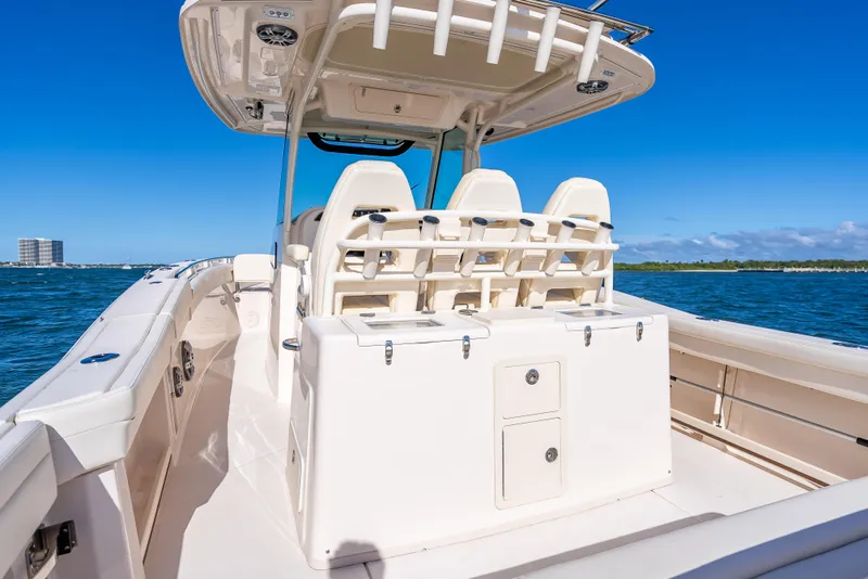 Slide: The Image of 2023 Grady-White 336 Canyon boat interior on a sunny day at sea. - 48