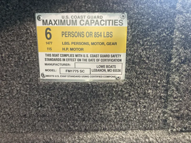 Slide: The Image of USCG capacity label for Lowe FM 1775 SC boat, 2025 model. - 21