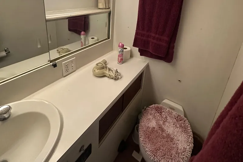 Slide: The Image of 1974 Hatteras 58 Yachtfish bathroom with sink, mirror, and plush toilet cover. - 17