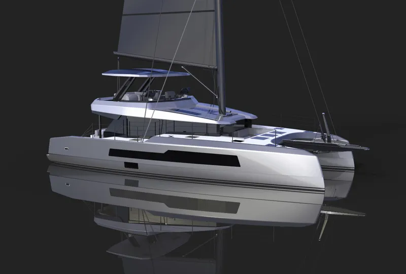The Image of Luxury McConaghy 2027 MC75 catamaran with sleek design and modern sails on calm water. - 1