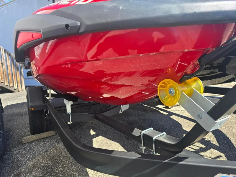 Slide: The Image of 2021 Yamaha WaveRunner FX Limited SVHO on trailer, red hull, close-up view. - 12