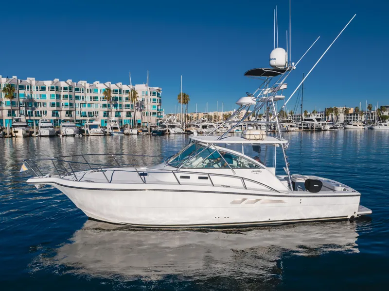 Slide: The Image of 2006 Rampage 38 Express yacht docked in a marina with clear blue skies. - 10