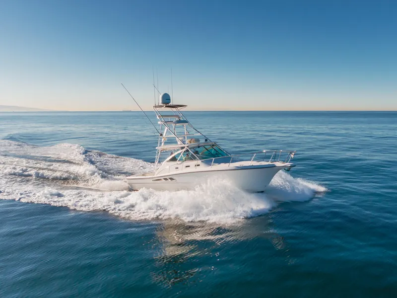Slide: The Image of 2006 Rampage 38 Express yacht cruising on open sea under clear blue sky. - 15