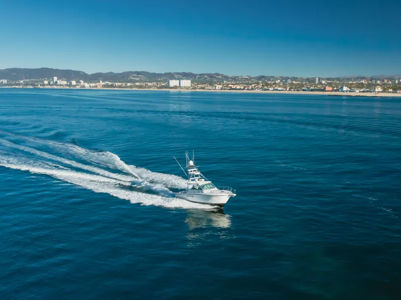 Slide: The Image of Rampage 38 Express 2006 cruising on open water near coastal cityscape. - 16